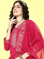 Sangria Floral Yoke Design Jacquard Kurta with Palazzos & With Dupatta | Grocsy