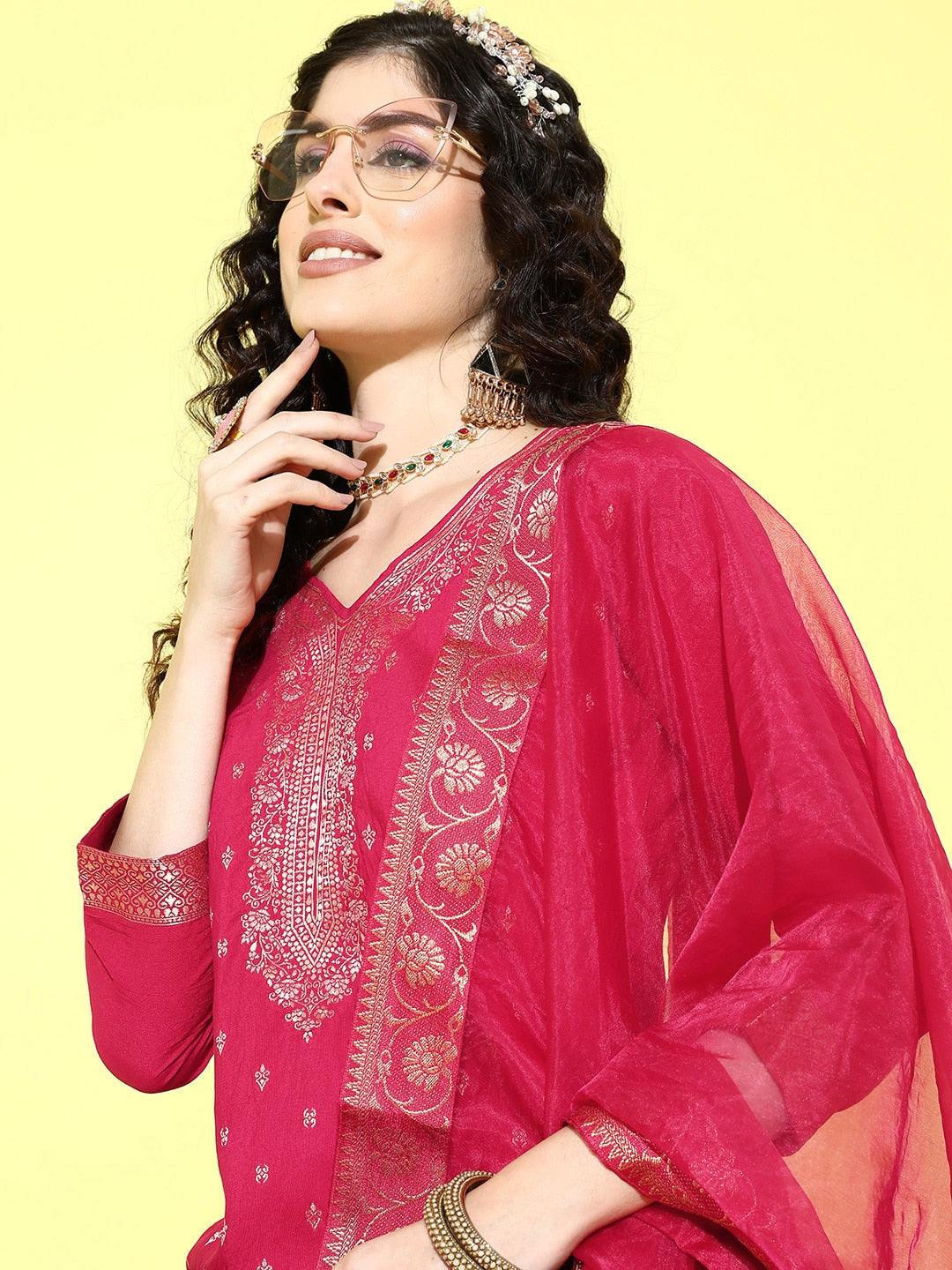 Sangria Floral Yoke Design Jacquard Kurta with Palazzos & With Dupatta | Grocsy