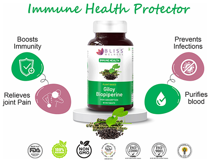 Bliss Welness Immune Health Giloy Biopiperine Veg Tablet | Grocsy