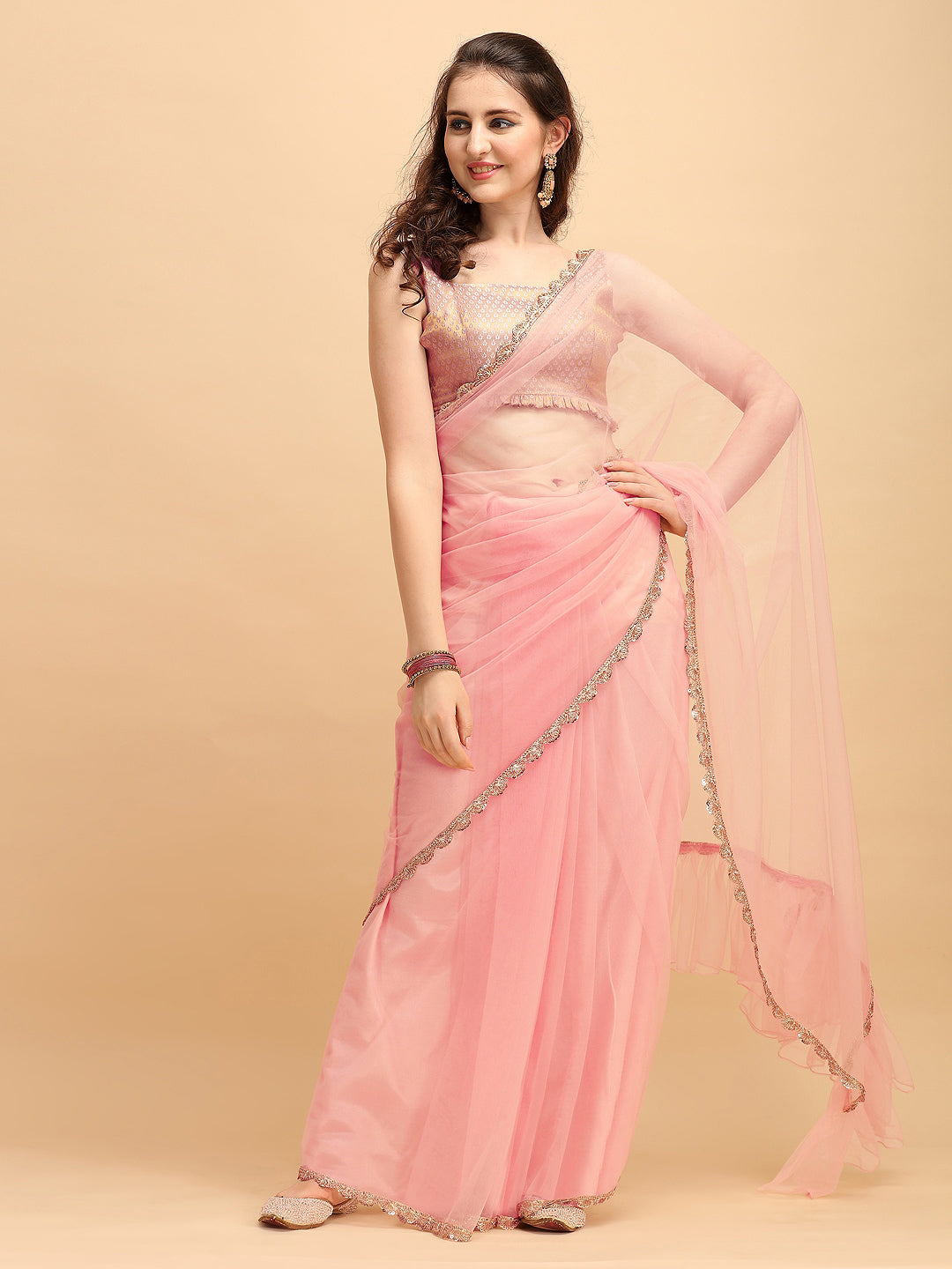Sangria Pink Solid Net Ruffled Saree | Grocsy