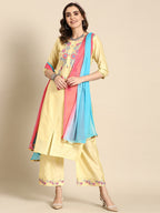 Sangria Women Floral Printed Regular Chanderi Cotton Kurta with Palazzos & With Dupatta | Grocsy