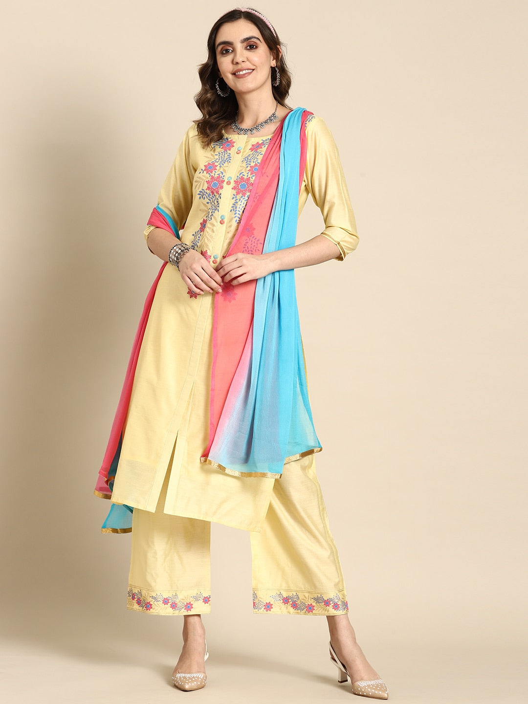 Sangria Women Floral Printed Regular Chanderi Cotton Kurta with Palazzos & With Dupatta | Grocsy