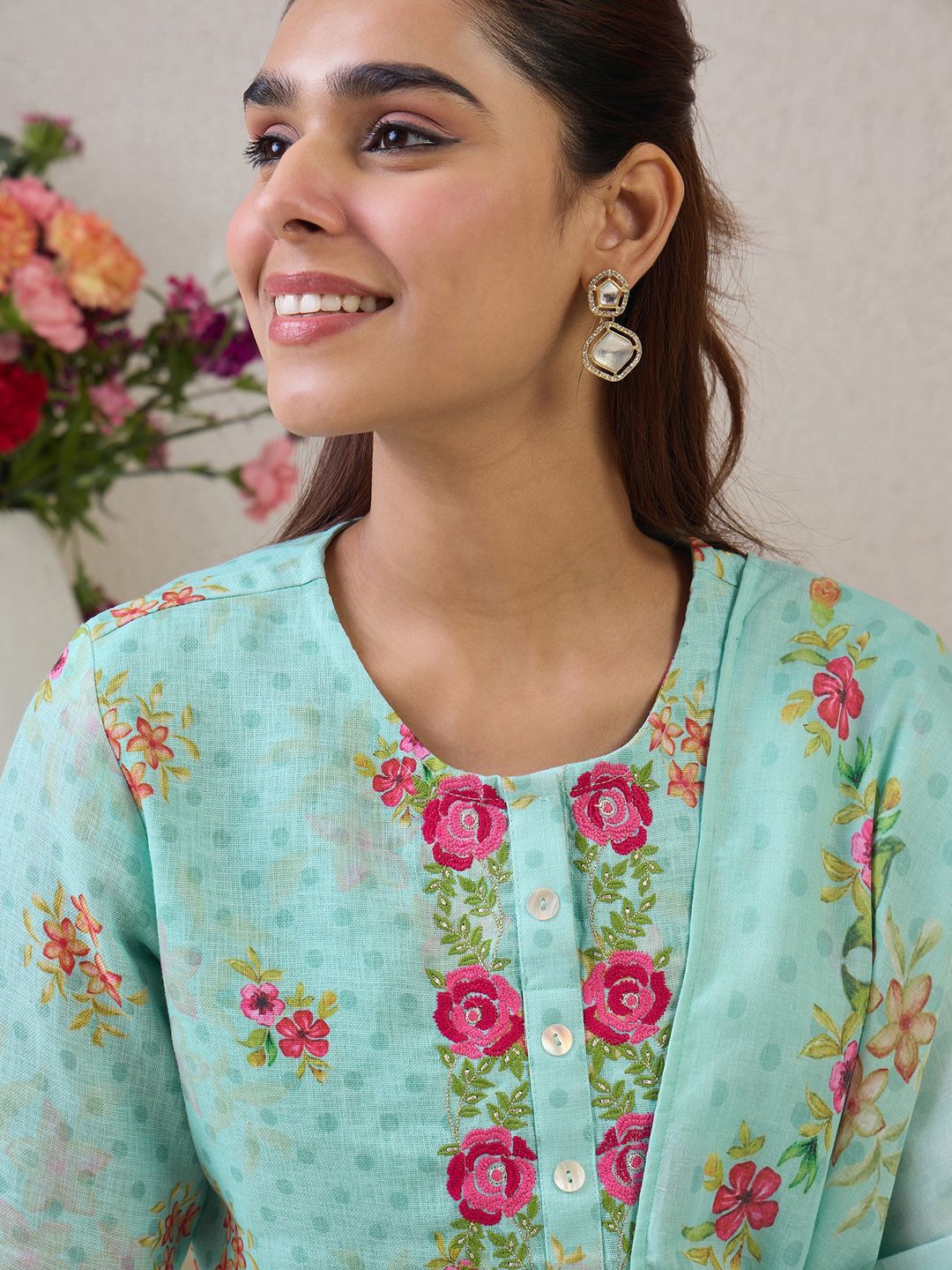 Indo Era Women Floral Embroidered Thread Work Linen Kurta with Trousers & With Dupatta | Grocsy