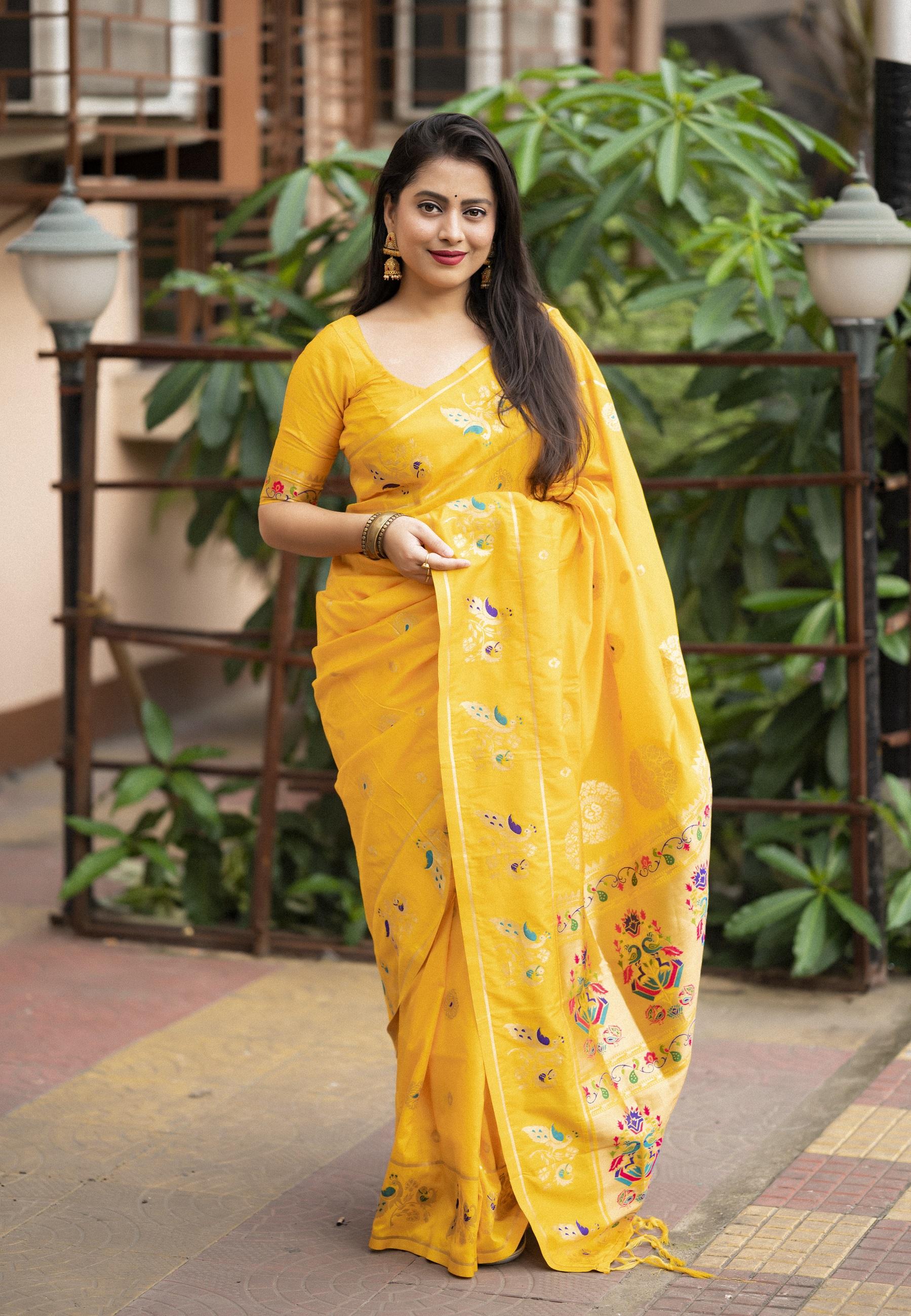 Yellow Pure Silk Woven Design Saree with Unstitched Blouse - A2M | Grocsy