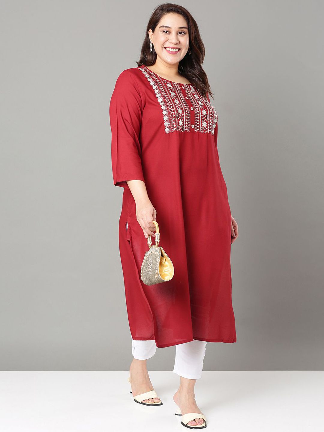 Sztori Plus Size Floral Yoke Design Mirror Work Straight Kurta | Grocsy