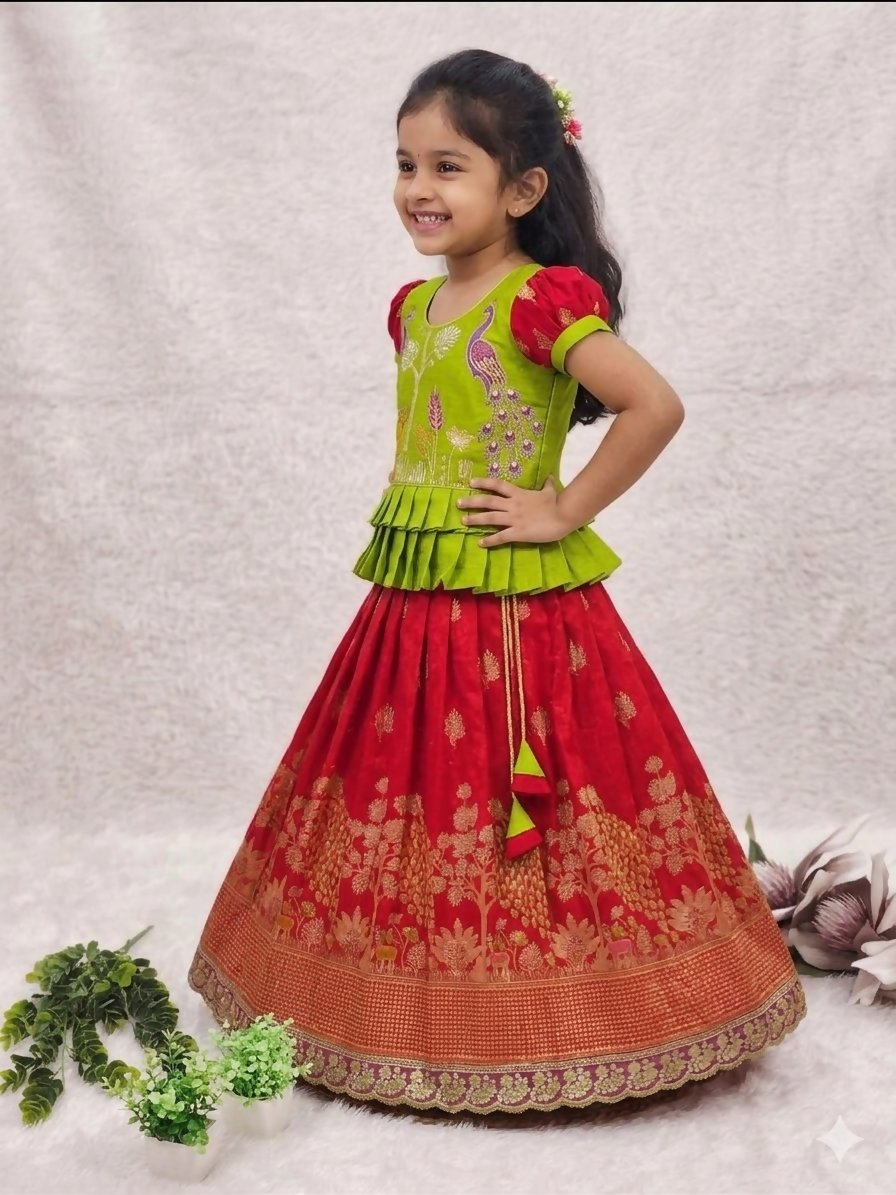 Teeya Creation New Kids Red Color Little Deer Forest Fantasy Lehenga Choli Set -Green | Grocsy