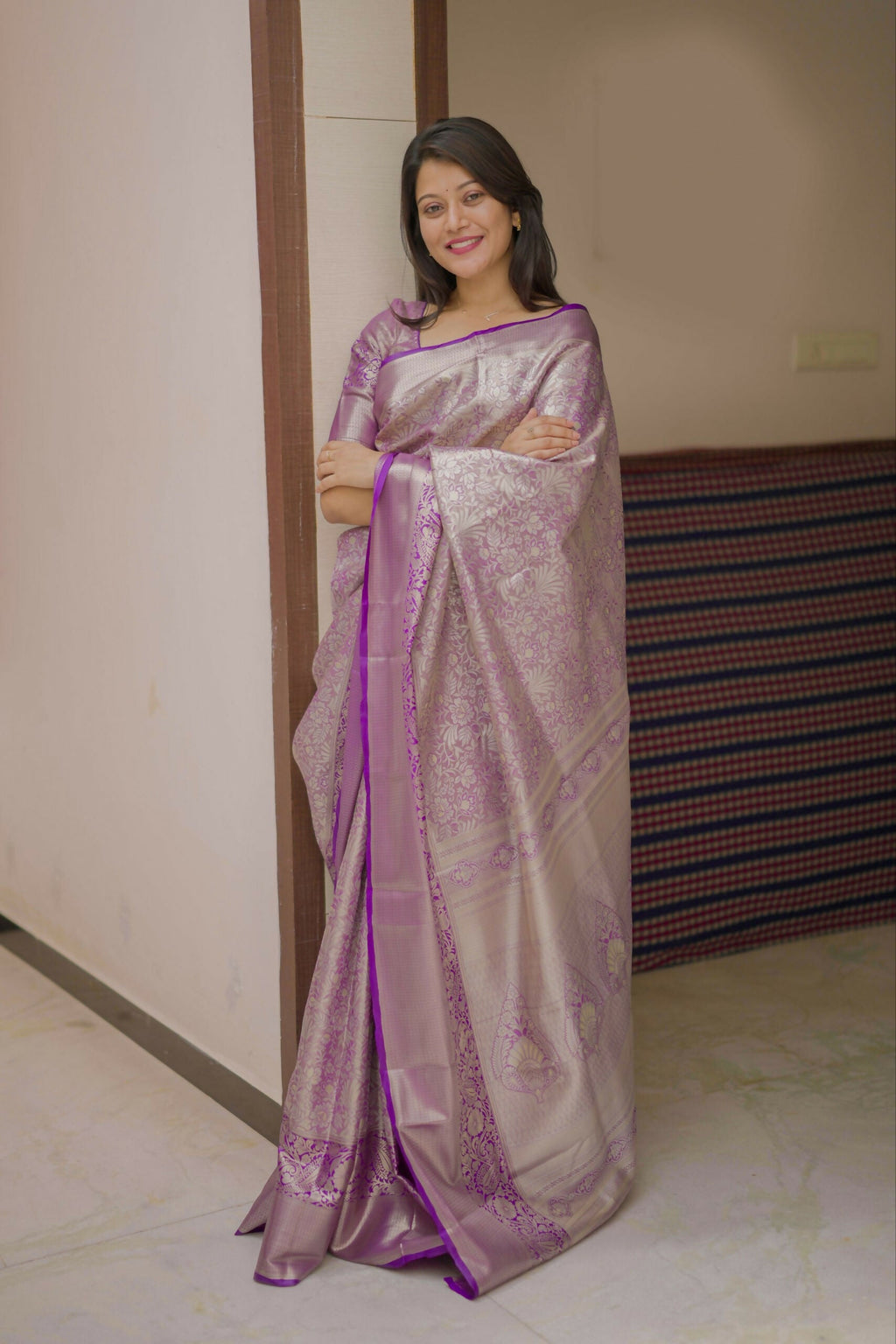 Prime Volt Bridal Kanchipuram Silk Saree with Rich Zari Weaving & Contrast Border-Purple | Grocsy
