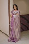 Prime Volt Bridal Kanchipuram Silk Saree with Rich Zari Weaving & Contrast Border-Purple | Grocsy