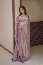 Prime Volt Bridal Kanchipuram Silk Saree with Rich Zari Weaving & Contrast Border-Purple | Grocsy