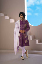 Purple Elegance Sherwani With Zardosi And Gold Embellishments by Hilo Design | Grocsy