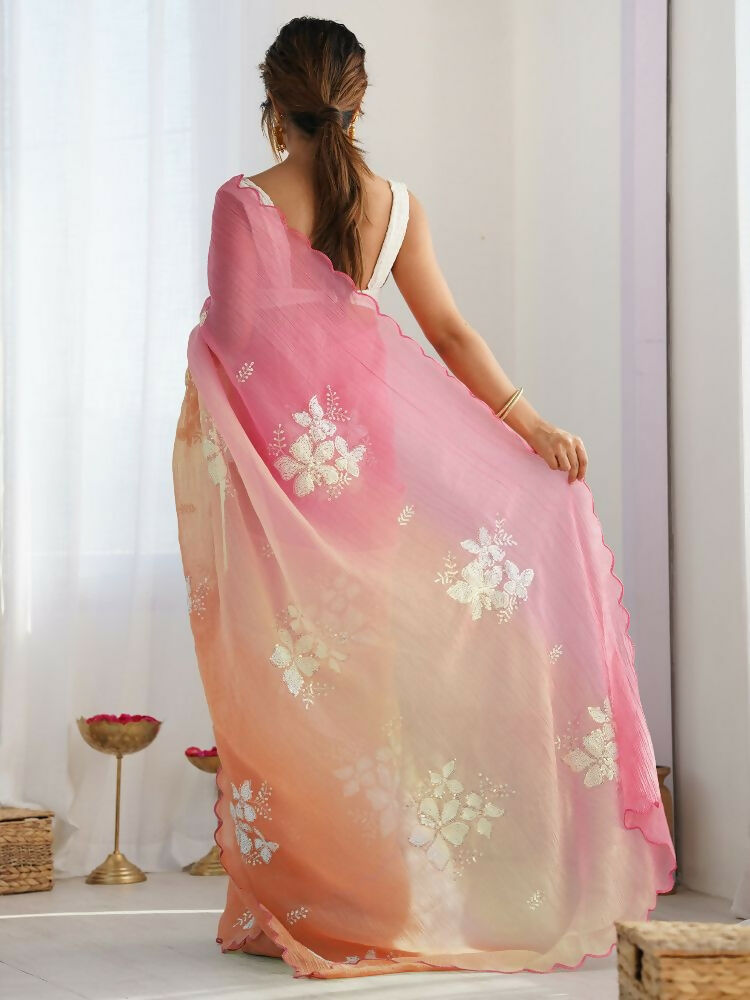 PR Fashion Pink_Orange Gold Crush Embroidery Work Saree | Grocsy