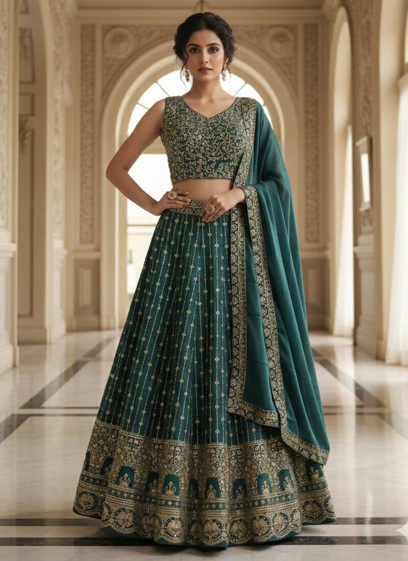 Lehenga Mart Teal Green Star Faux Georgette Designer Bollywood Style Wedding Wear Lehenga Choli | Grocsy