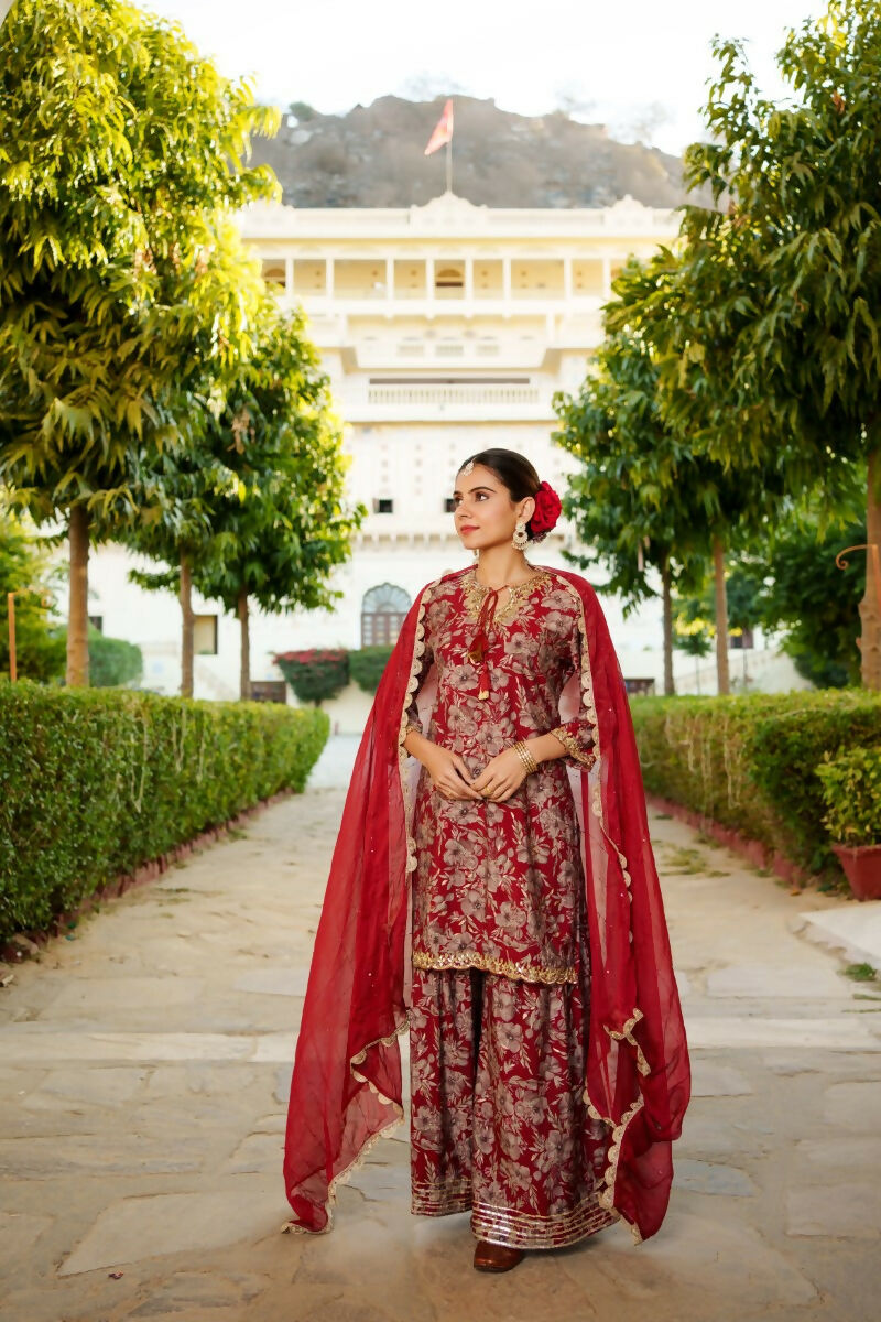 Vaasva Women Maroon Muslin Floral & Embroidered Cut Work Kurta ,Sharara & Dupatta set | Grocsy