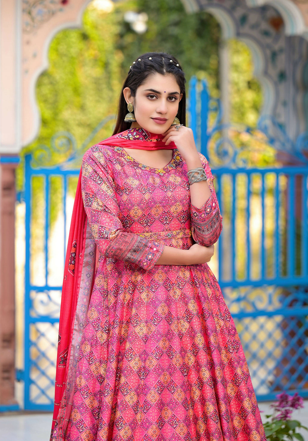 Functional Designer Dark Pink Dola Silk Anarkali suit with Dupatta - Ramya | Grocsy