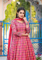 Functional Designer Dark Pink Dola Silk Anarkali suit with Dupatta - Ramya | Grocsy