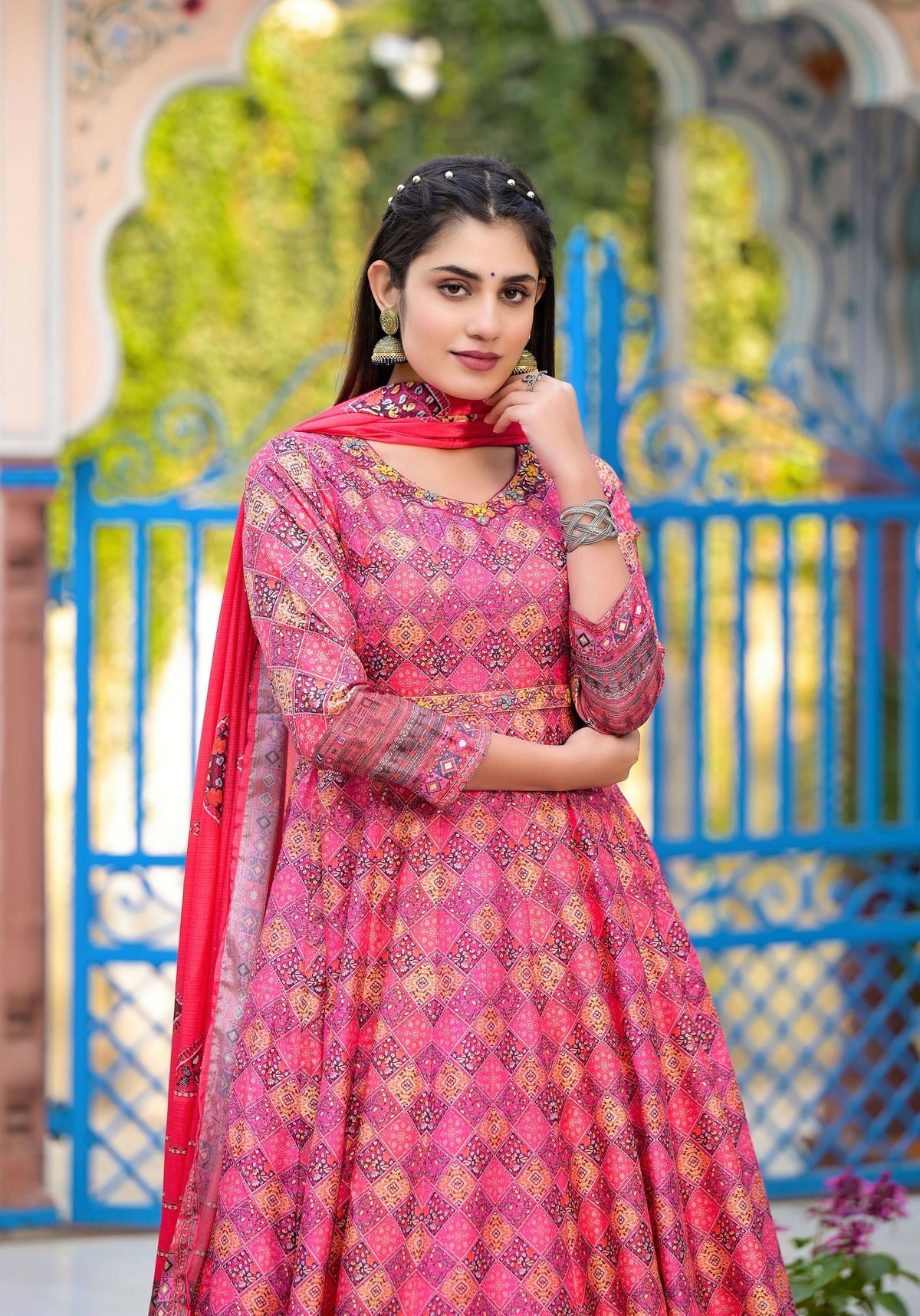 Functional Designer Dark Pink Dola Silk Anarkali suit with Dupatta - Ramya | Grocsy
