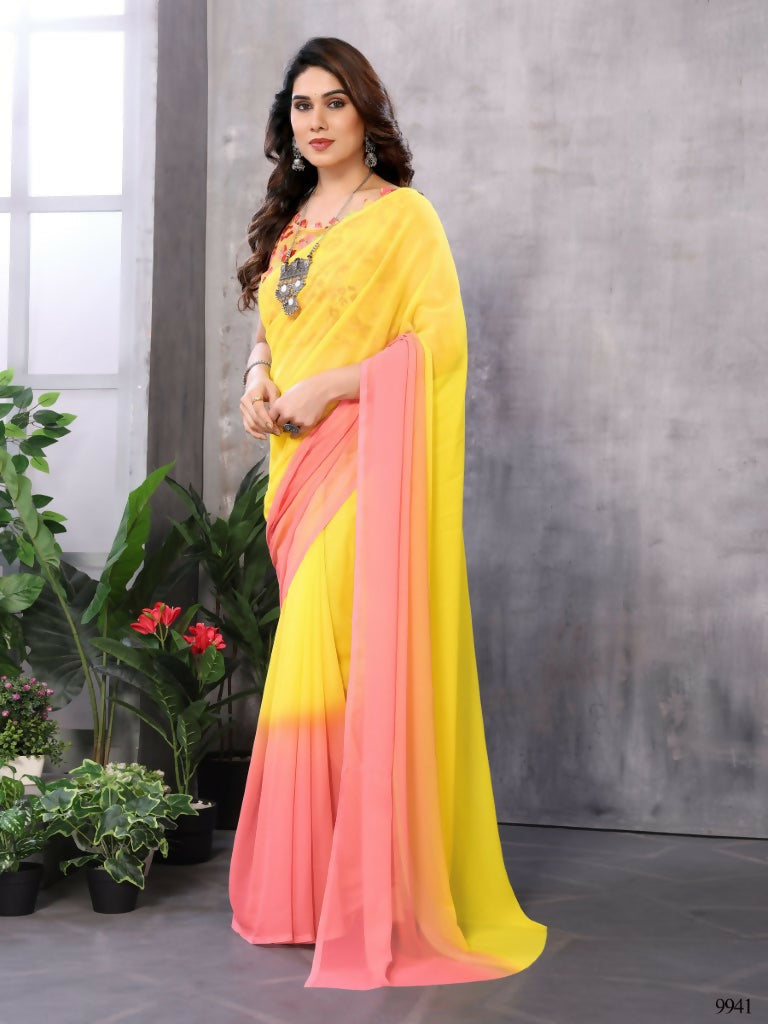 Partywear Designer Yellow & Pink Georgette Fancy Saree - Satrangi | Grocsy