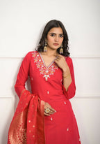 Festive Wear Ethnic Red Viscose Chanderi Stitched Suit With Dupatta - Tanisha | Grocsy