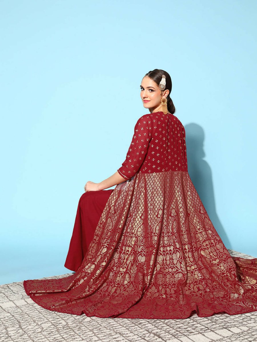 Ahalyaa Women Beautiful Maroon Crepe Brocade Ethnic Dress | Grocsy