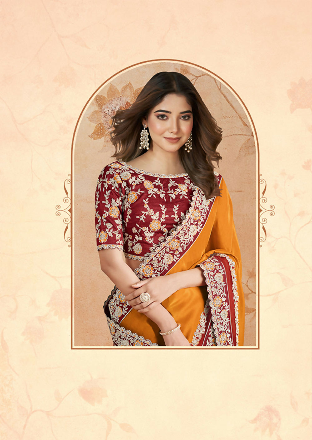 Orange Silk Georgette Floral Embroidery Saree with Heavy Embroidery Border Saree - Mohmanthan Dakshika | Grocsy