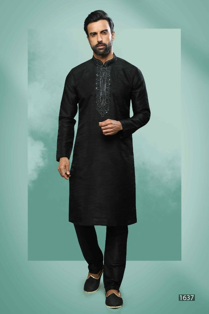 Raivat Ethnic Art Silk Mirror Embroidery Work Kurta Pajama In Black Colour | Grocsy
