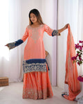 The52 Women's Beautiful Chinon silk Fabric Embroidery Work Straight Kurta Palazzo and Dupatta Set | Grocsy