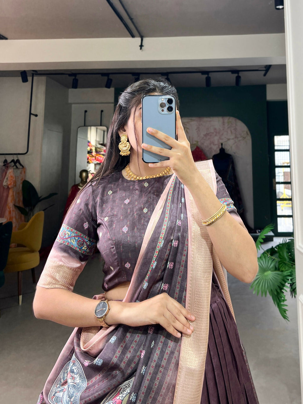 Vastranavya Kalamkari Print With Weaving Border Lehenga with Unstitched Blouse - Burgundy | Grocsy