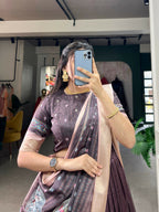 Vastranavya Kalamkari Print With Weaving Border Lehenga with Unstitched Blouse - Burgundy | Grocsy