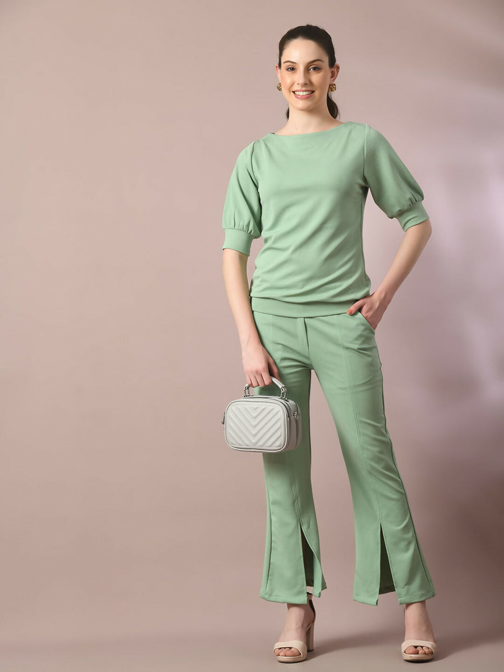 Myshka Women's Sea Green Solid Boat Neck Party Top With Trousers Co-ord set | Grocsy