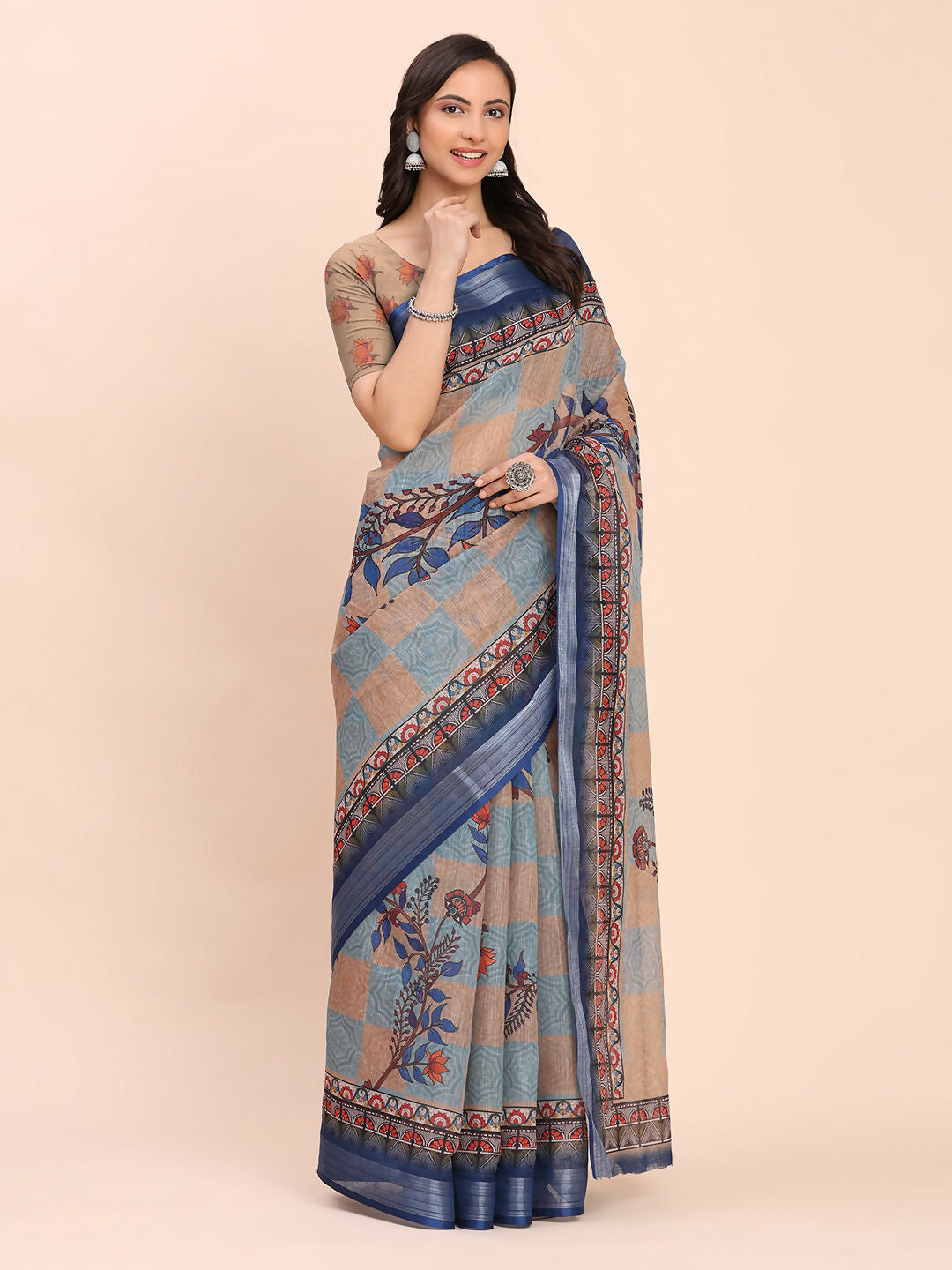 Shree Shyam Fashion Linen Cotton Cream Saree | Grocsy