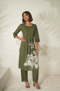 Miravan Women's Mehandi Pintucks Cotton Floral Straight Kurta and Palazzo | Grocsy