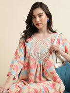 Beige & Pink Poly Crepe Digital Printed Top with Matching Bottom - Preeti | Grocsy