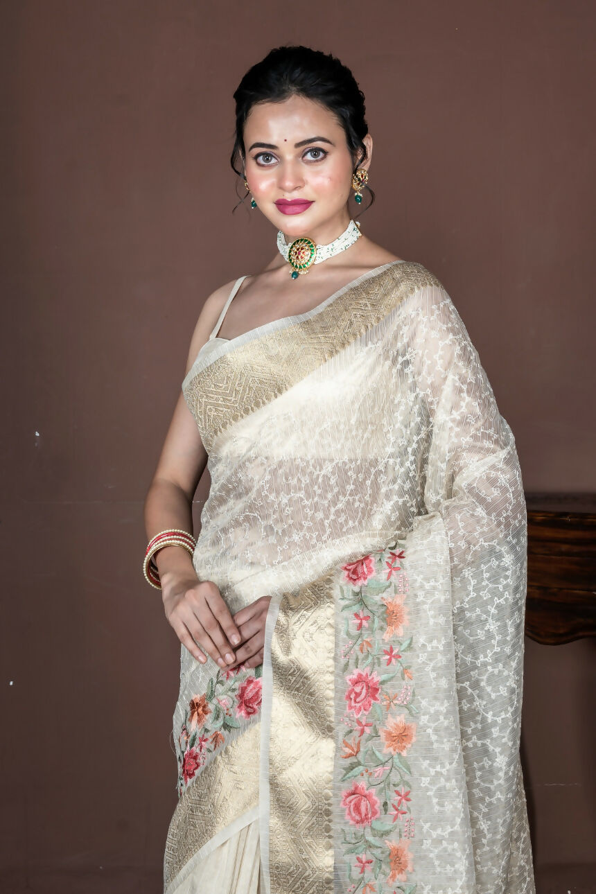 Morchari Beige Banarasi Tissue Computer Embroidery Saree Unstitched Blouse | Grocsy