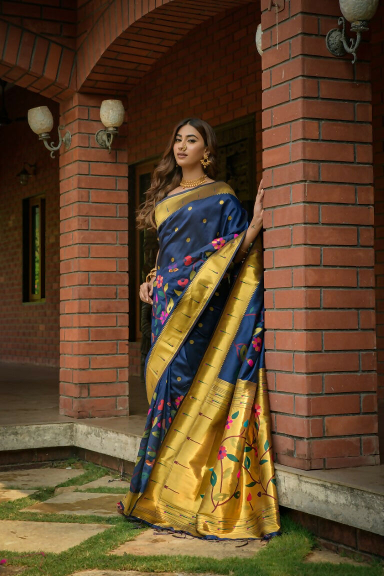 Jyoti Fashion Women's Navy Blue Paithani Silk Zari Woven Saree with Blouse | Grocsy