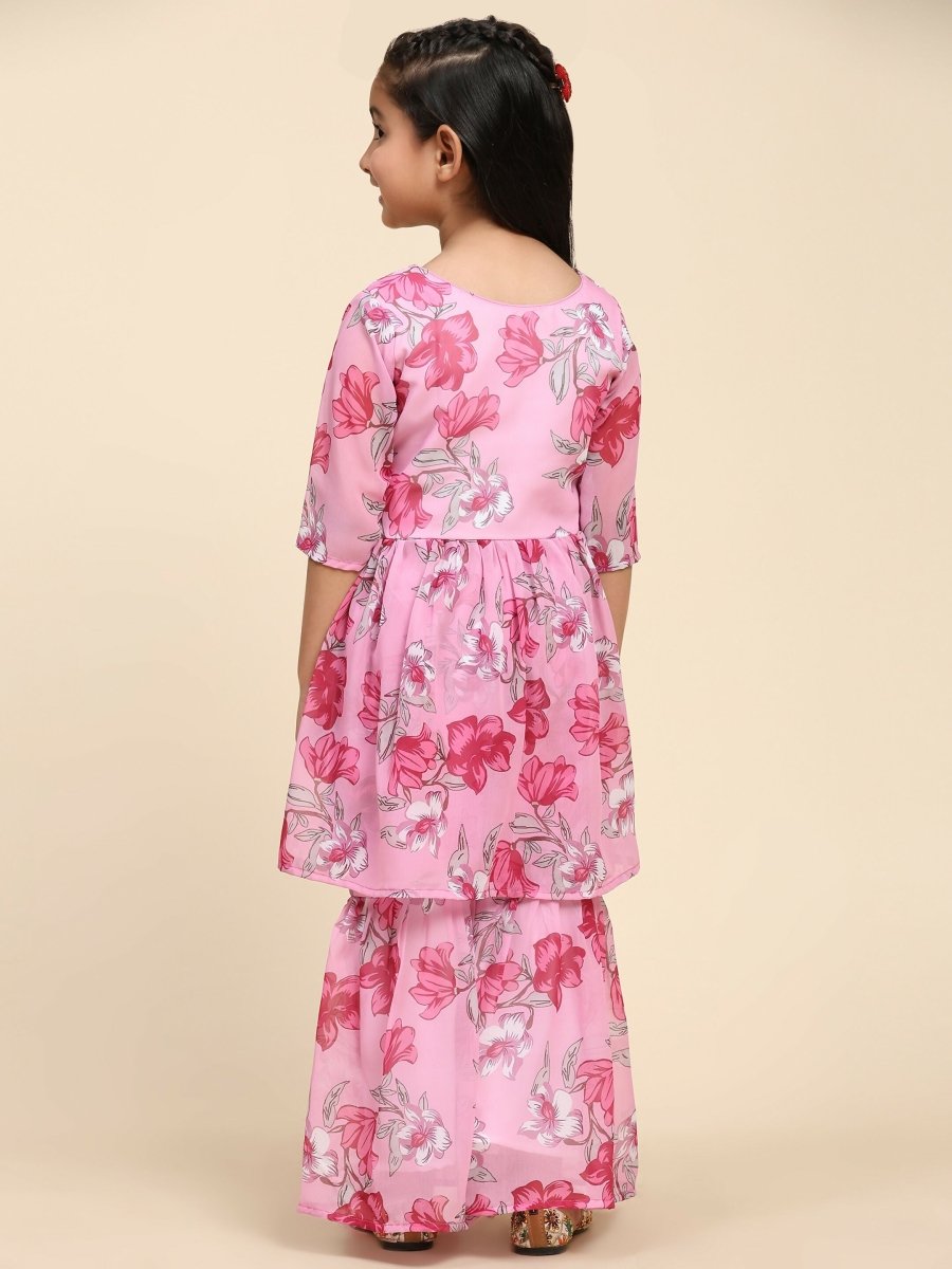 Alakhi Studio Girls Floral Georgette Printed V-Neck Kurta With Sharara - Pink | Grocsy