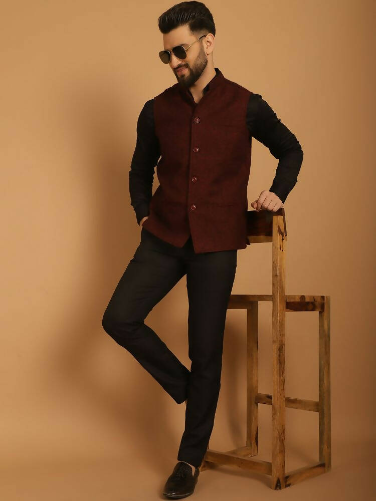 Even Apparels Pure Wool Nehru Jacket - Maroon | Grocsy