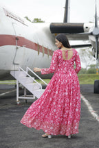 Aayaa Printed Faux Georgette with Embroidery Zari Sequins work Gown - Red Pink | Grocsy