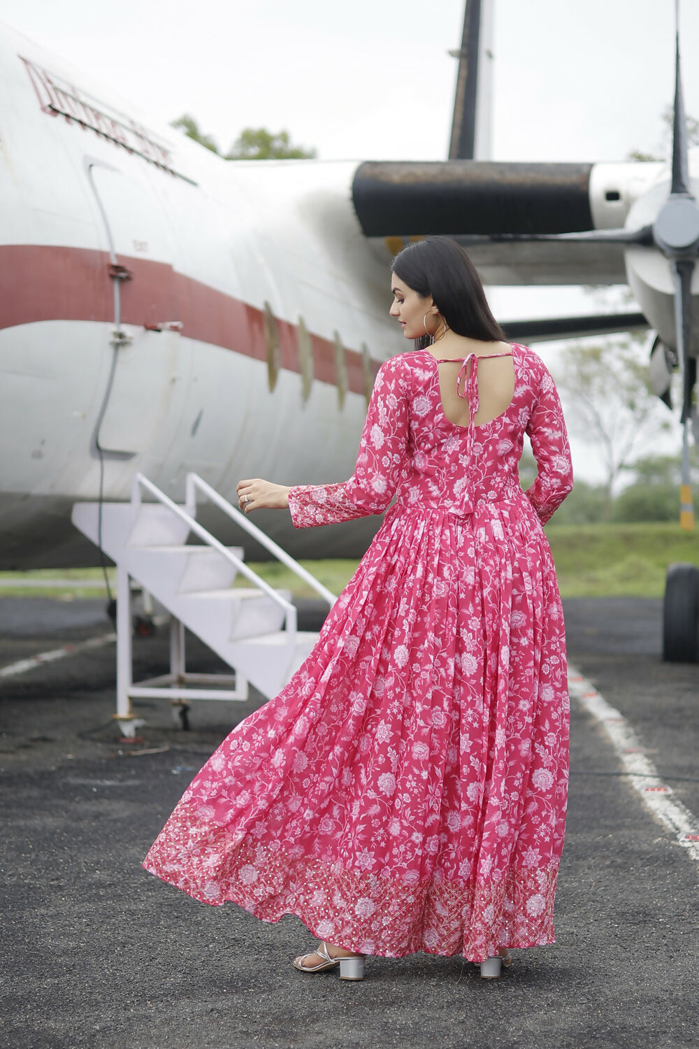 Aayaa Printed Faux Georgette with Embroidery Zari Sequins work Gown - Red Pink | Grocsy