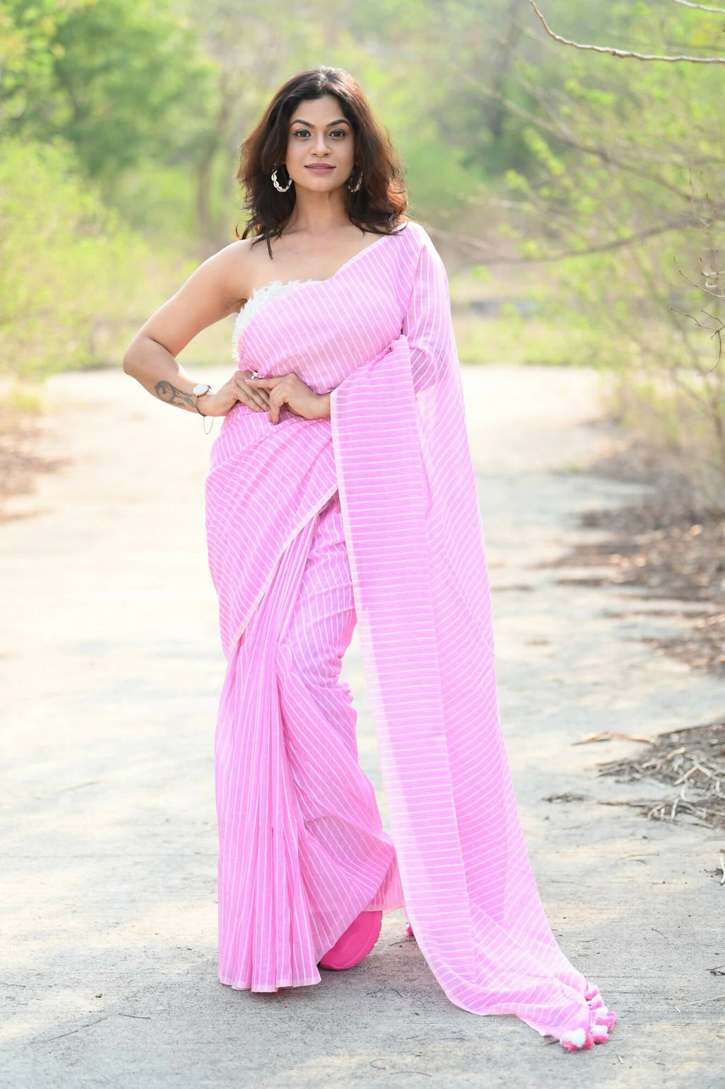 Very Much Indian Designer Pure Cotton Saree With All Over Linear Stripes - Light Pink | Grocsy