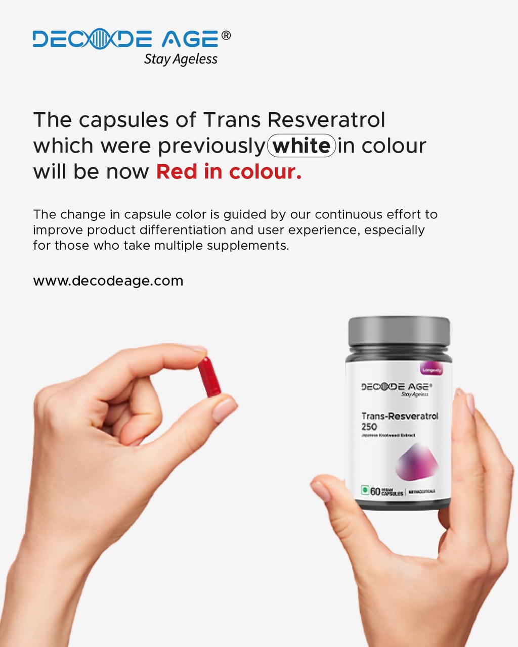 Decode Age 99.5% Pure Trans Resveratrol 250mg Supplement Capsules | Grocsy