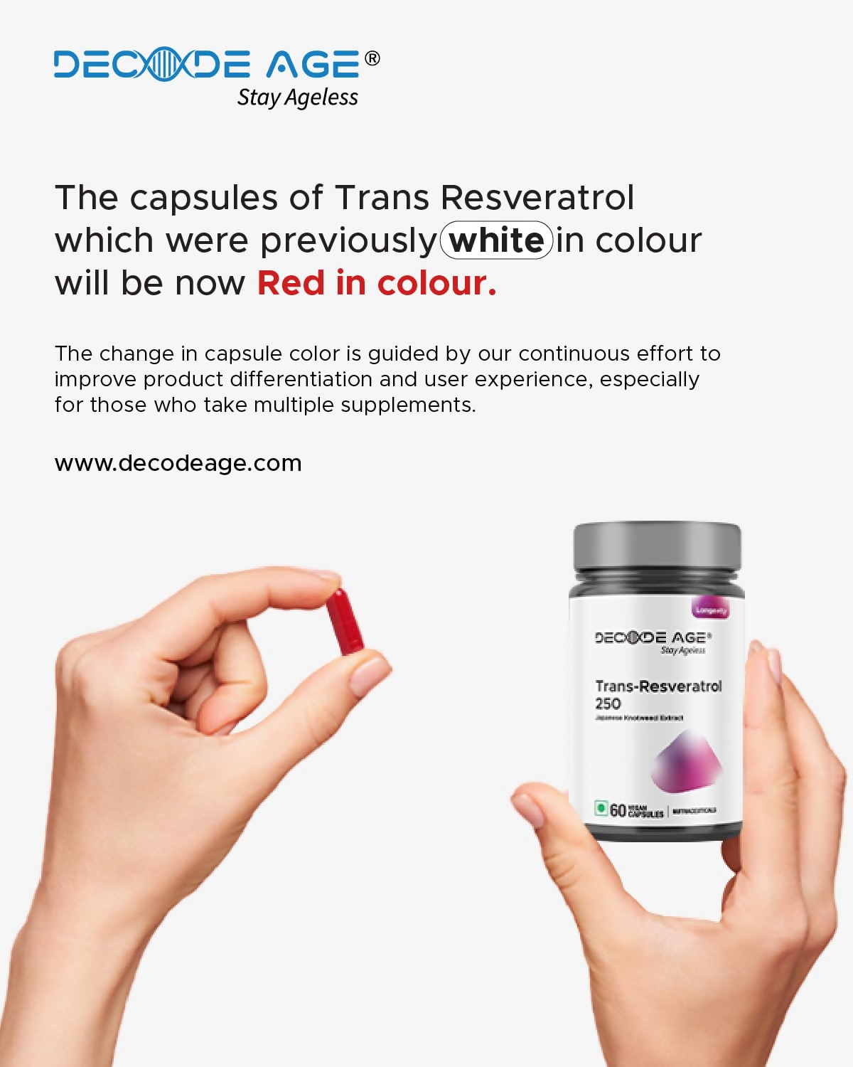 Decode Age 99.5% Pure Trans Resveratrol 250mg Supplement Capsules | Grocsy