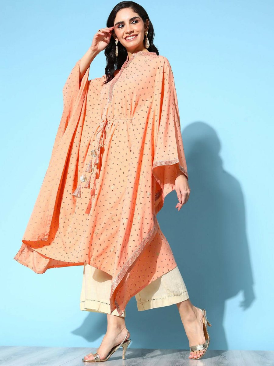 Ahalyaa Women's Peach Crepe Printed Kaftan Kurta | Grocsy