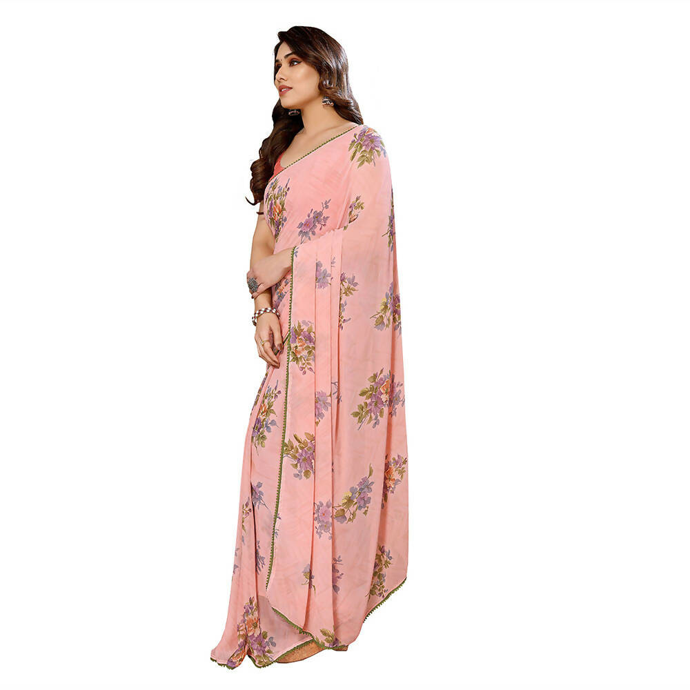 Women's Partywear Designer Peach Georgette Fancy Saree - Satrangi | Grocsy