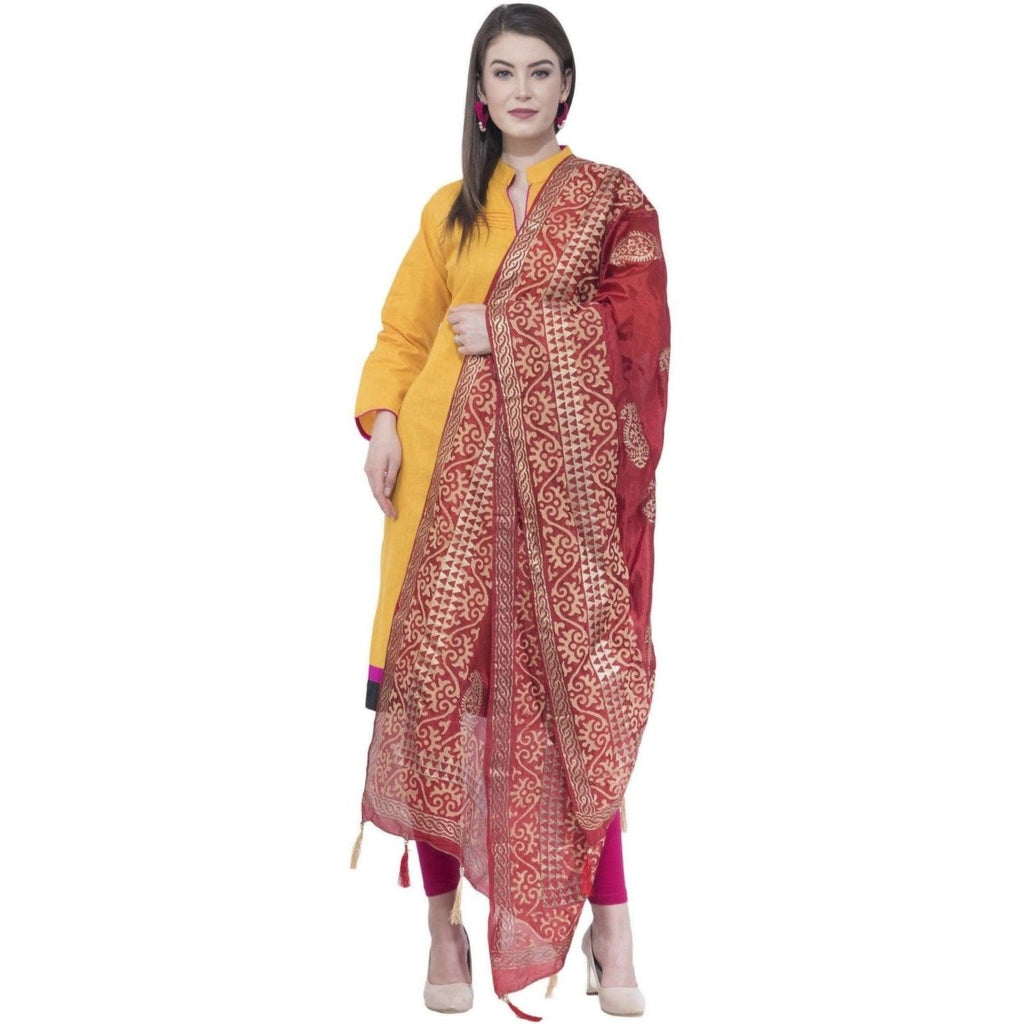 A R Silk Women's Gold Print Silk Mehroon Dupattas and Chunnis | Grocsy