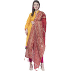 A R Silk Women's Gold Print Silk Mehroon Dupattas and Chunnis | Grocsy