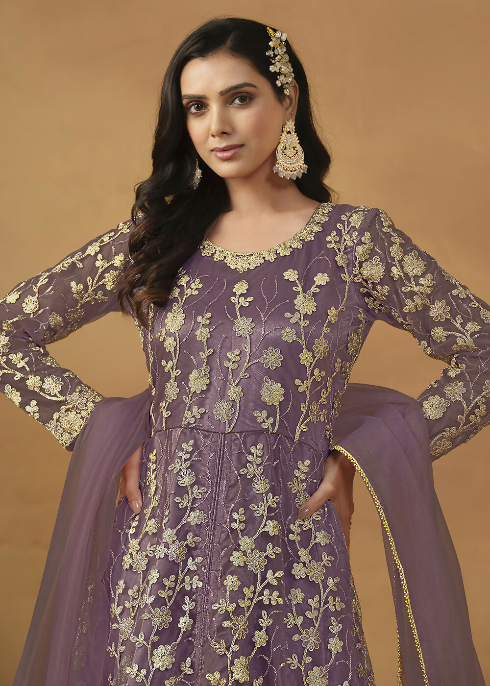 Pant Style Purple Embroidered Net Wedding Anarkali Suit - Emponline | Grocsy