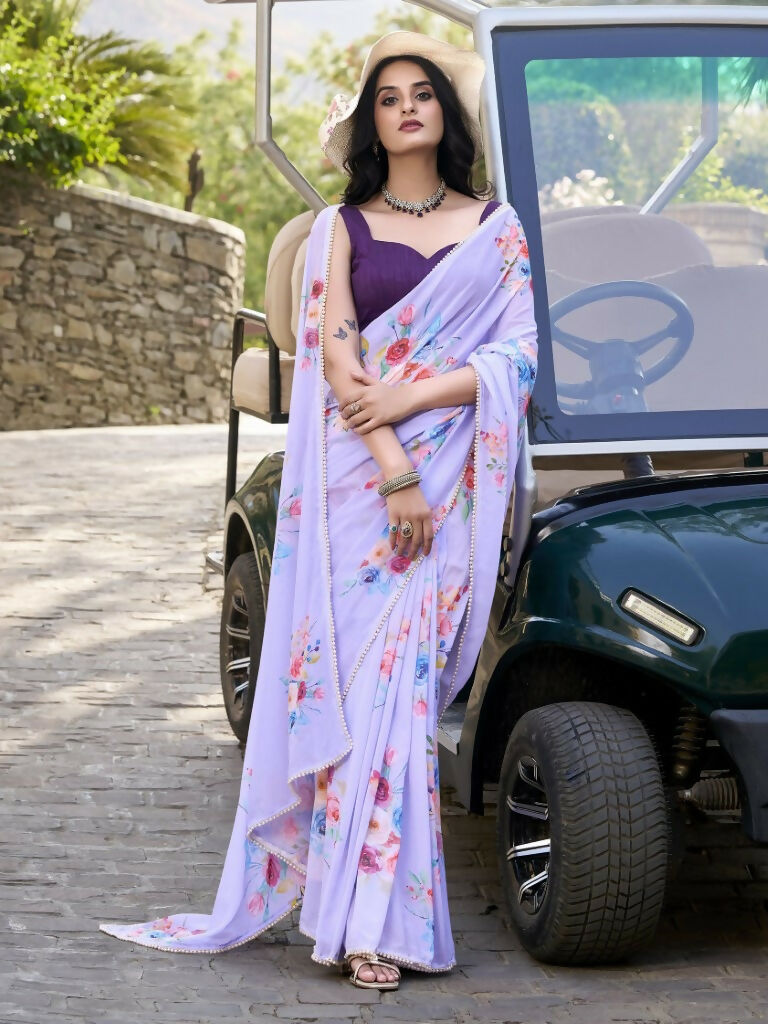 Vastranavya Lavender Weightless Marble Printed & Pearl Lace Border Saree with Unstitched Blouse | Grocsy