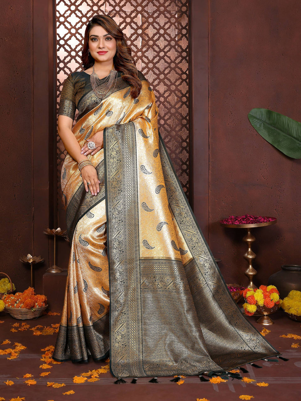 Aastha Fashion Mustard Tissue Silk Weaving Saree | Grocsy