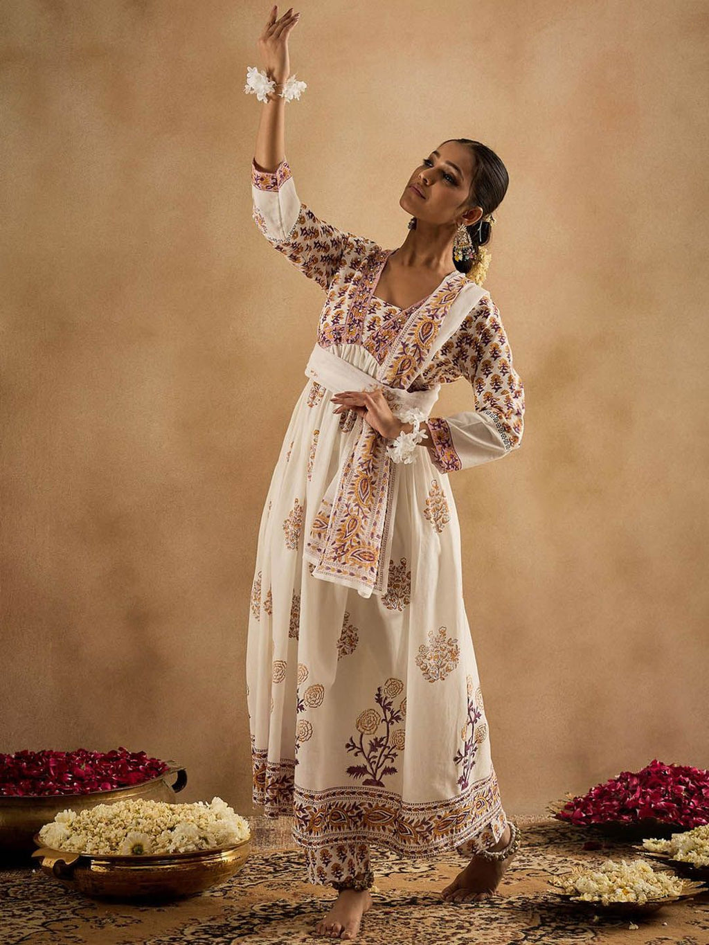 Indo Era Women Floral Printed Empire Pure Cotton Kurta with Trousers & With Dupatta | Grocsy