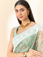 Green Organza Floral Embroidered Saree with Unstitched Blouse Piece - Roozal | Grocsy